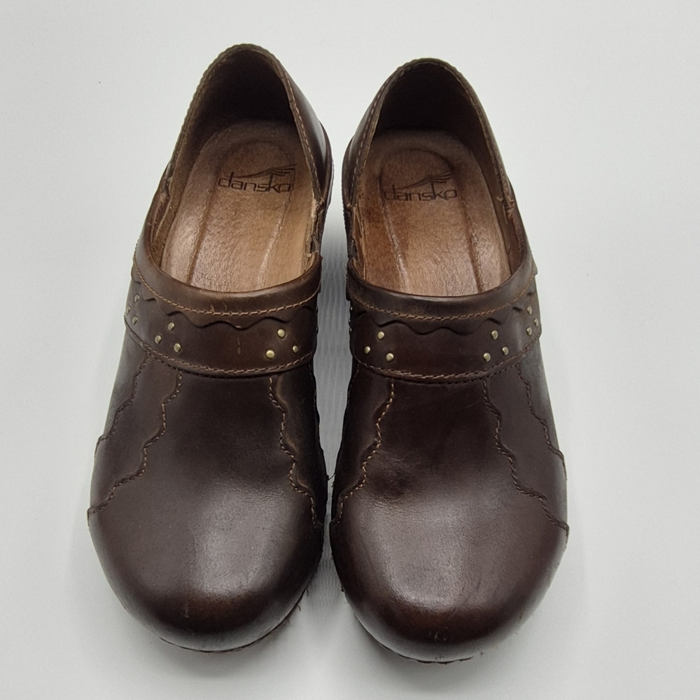 Dansko Brown Leather Slip-On Clogs with Stud Detail